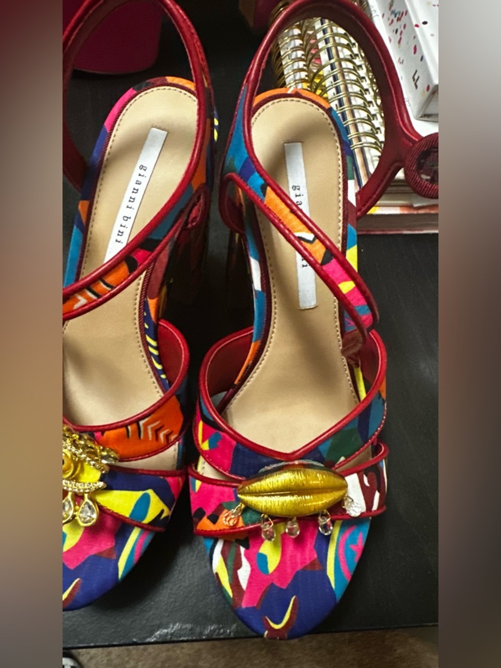 Gianni Bini Multicolor Printed Strappy Heels with Gold Accent - Picture 2 of 9